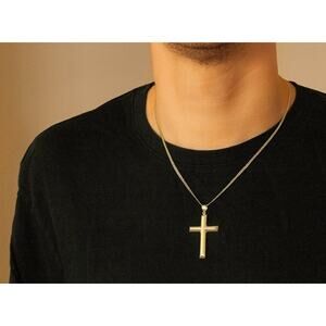 Real 10K Gold Cross Necklace, Solid Gold Curb Chain, Gift for Him Stamped 10K